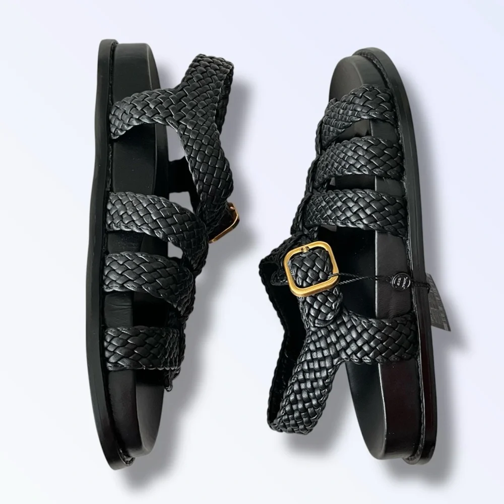 Woven Strap Black Women’s Sandals with Gold Buckle - Picture 7 of 9